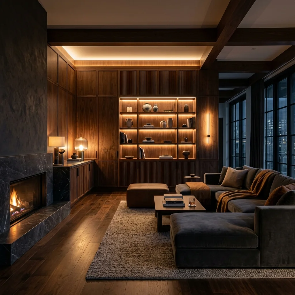 Living space with custom dark wood cabinetry and warm lighting