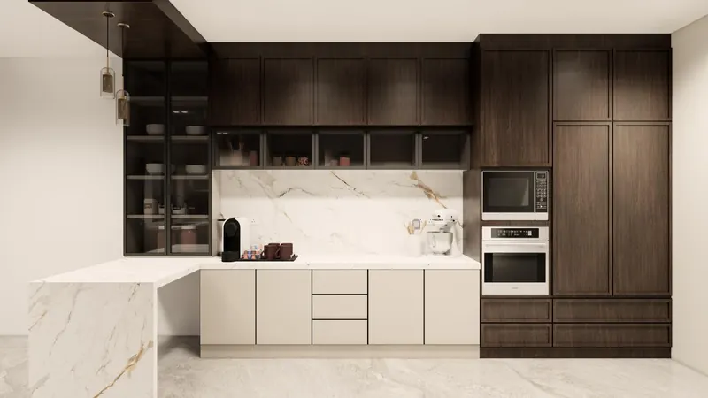 3D design of a dry kitchen in walnut and white with a marble breakfast counter