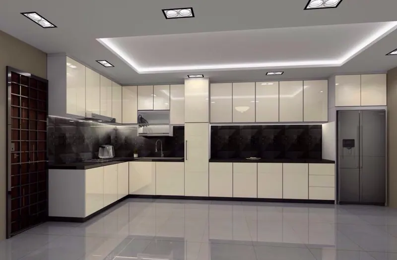 3D design of a large gloss white kitchen with black backsplash and cove-lit ceiling