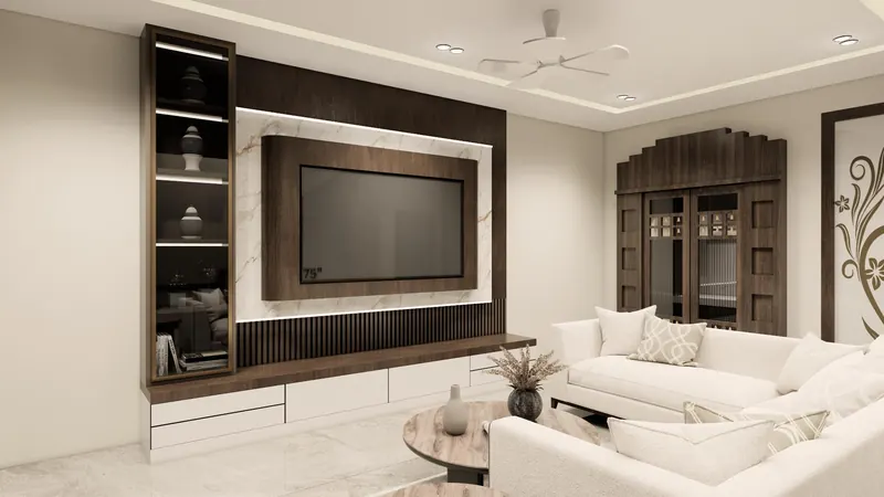 3D design of a living room TV feature wall in dark timber and marble