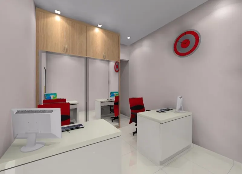 3D design of an office reception with timber overhead cabinets and white counters