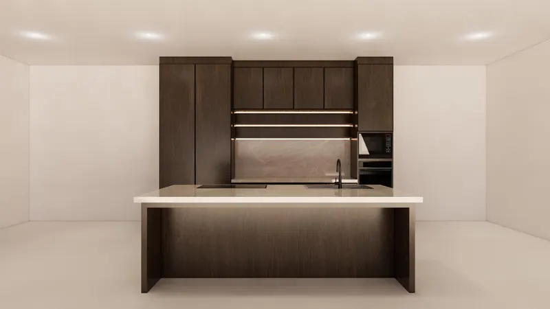 3D design of a dark walnut kitchen with a lit stone island