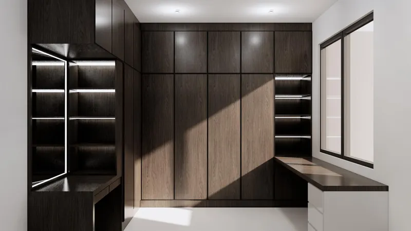 3D design of a full-height walnut wardrobe with a built-in study desk
